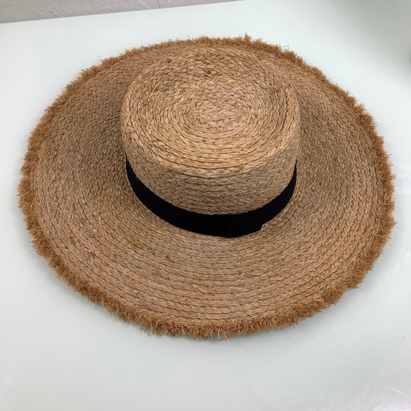 Lucca Raffia Natural Wide Rim Hat with Black band Adjustable Size NEW - Picture 7 of 11